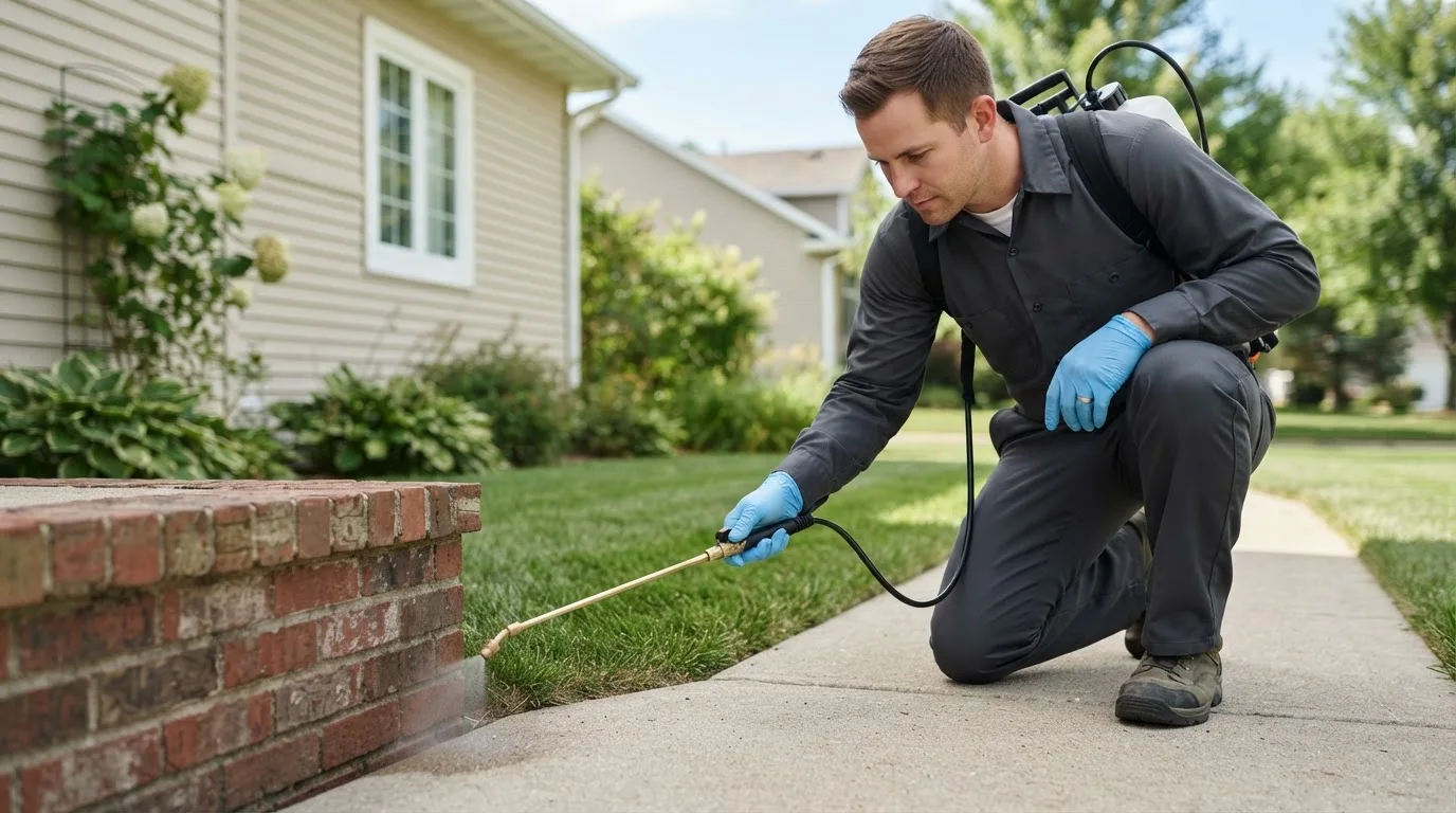 Pest control technician treating a home near Beach, ND