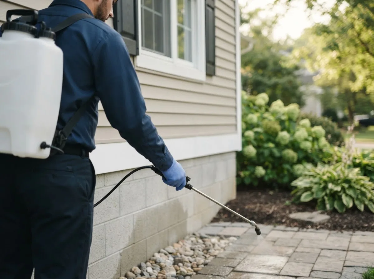 Pest control technician inspecting a home in Beach, ND